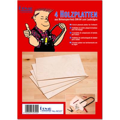 '4 planches de contreplaqué de bouleau DIN A4 pour le découpage à la scie à chantourner' montre quatre planches de contreplaqué et un homme tenant une scie à chantourner.