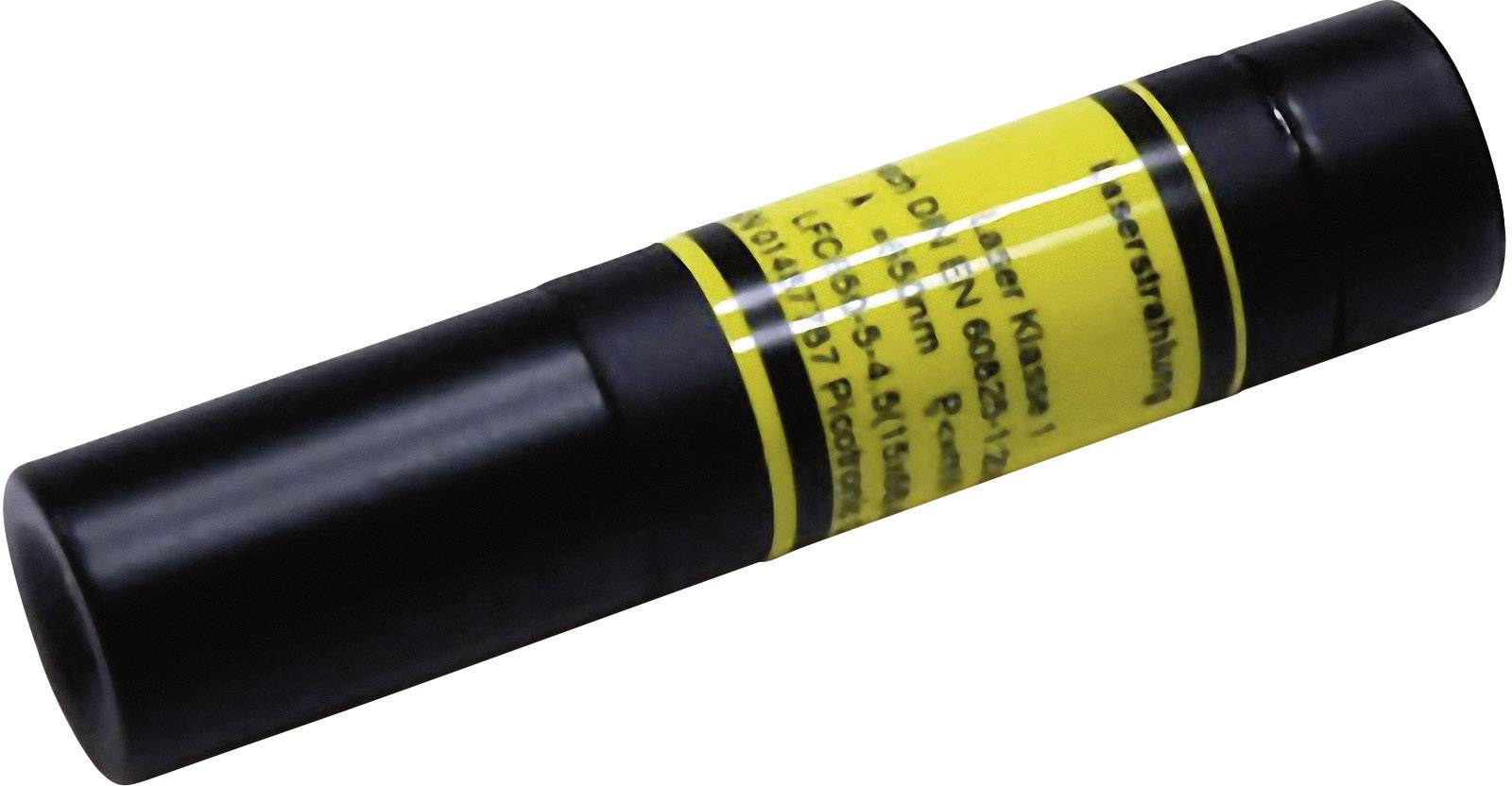 Pointeur laser noir avec étiquette d'avertissement jaune. Vu de côté, posé sur un fond clair.