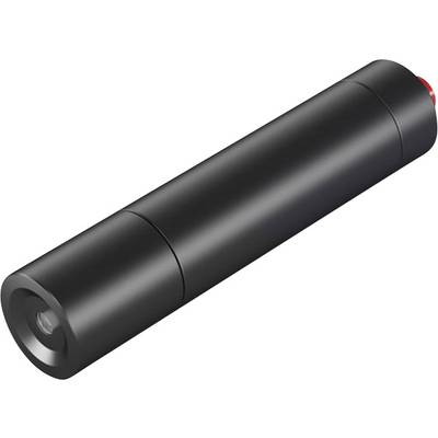 Un pointeur laser noir, cylindrique, avec un bouton rouge à son extrémité, légèrement orienté vers le haut.