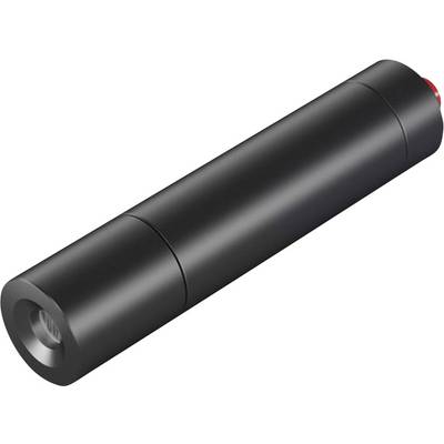 Télémètre cylindrique noir avec un bouton rouge à une extrémité, sur fond blanc.