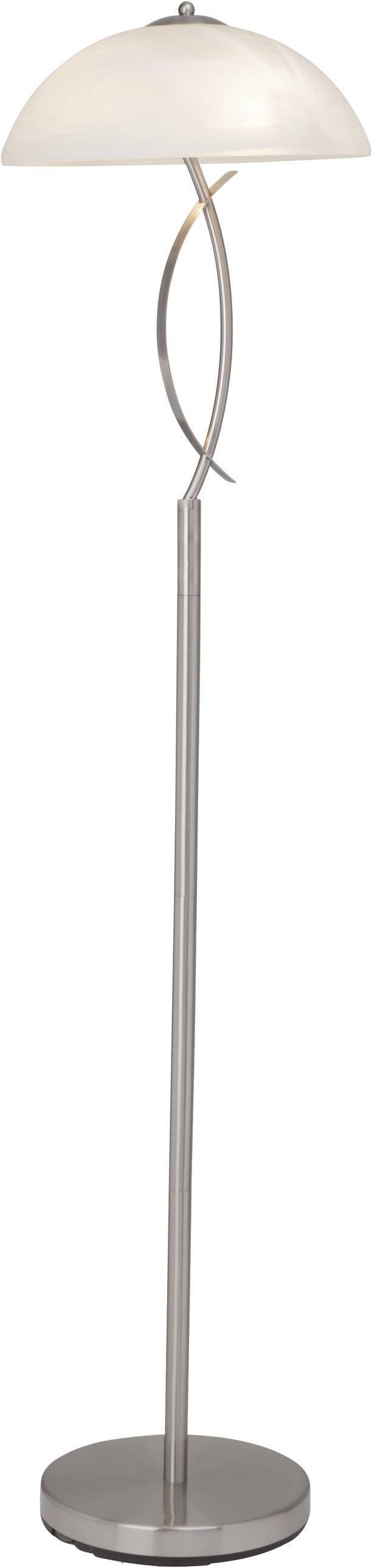 Lampadaire avec structure en métal courbé et abat-jour blanc mi-circulaire, reposant sur un socle rond.