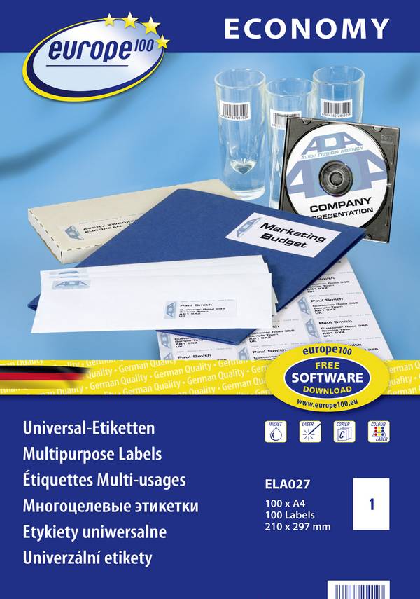 Etiquette universelles Europe 100 ELA027 210 x 297 mm papier blanc 100 pc(s) fixation permanente
