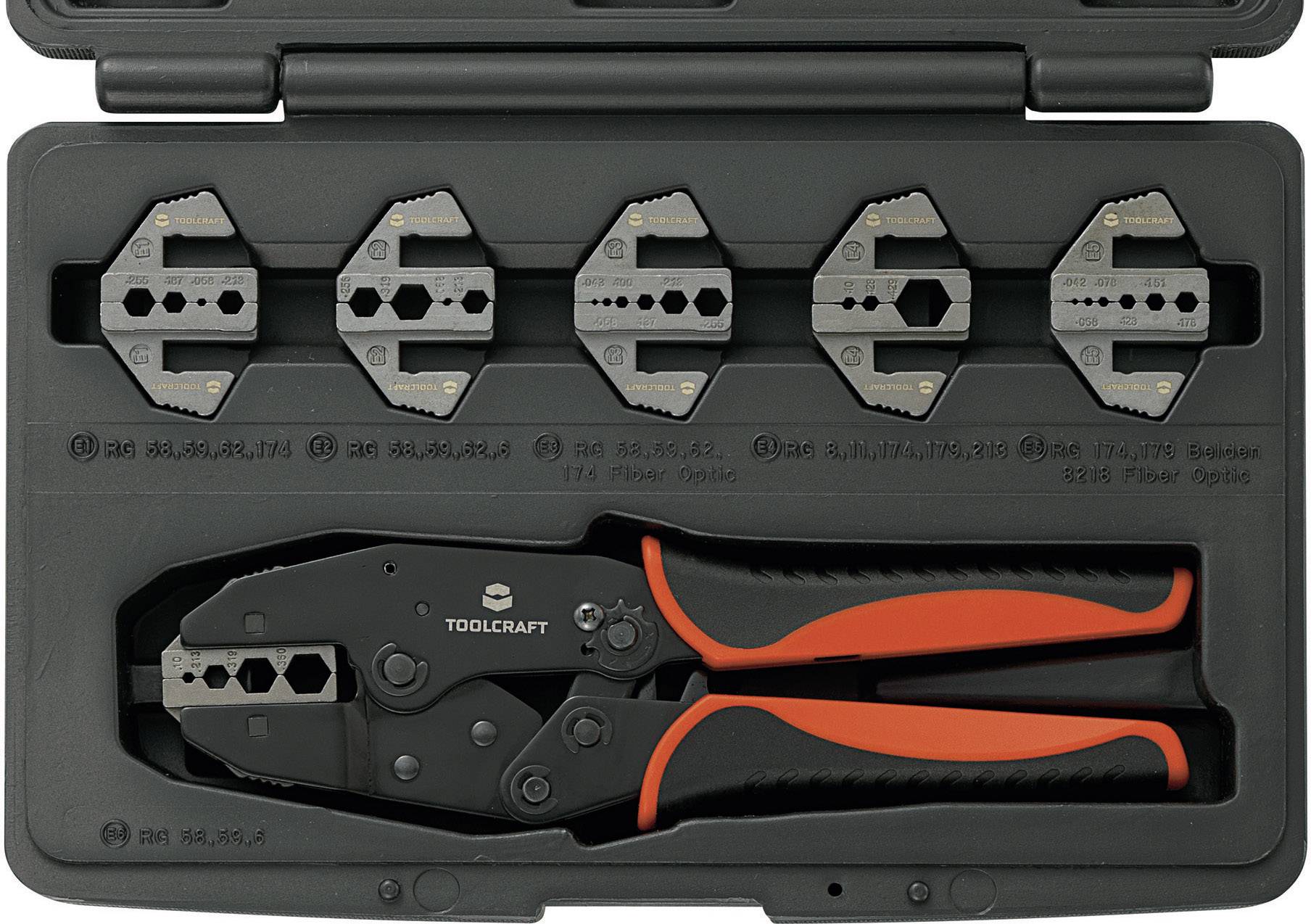 Un ensemble d'outils comprenant une pince à sertir et cinq embouts interchangeables dans un boîtier ouvert en plastique noir.