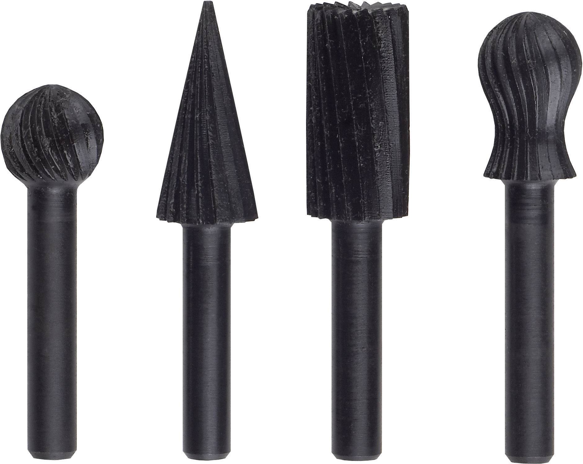 Quatre embouts de meulage rotatifs de formes différentes : une boule, un cône, un cylindre et une demi-sphère cannelée.
