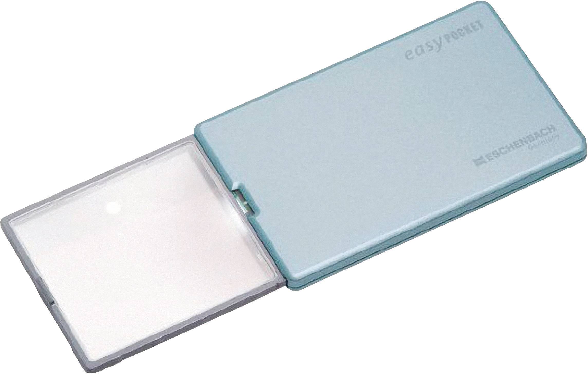 Loupe de poche rectangulaire avec lentille grise et étui turquoise. Nom de marque 'easy pocket' et fabricant 'ESCHENBACH' bien visibles. Idéale pour les déplacements.