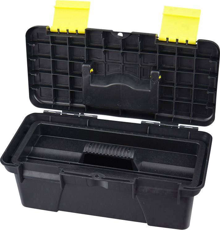 Une boîte à outils noire en plastique avec un couvercle ouvert et des fermoirs jaunes, montrant des compartiments intérieurs pour le rangement des outils.