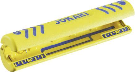 Un outil en plastique jaune avec des marquages bleus, utilisé pour ouvrir des emballages.