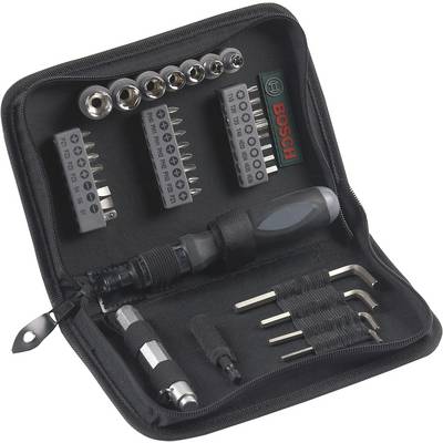 Ensemble d'outils dans un sac noir, comprenant des embouts, un tournevis et des clés Allen. Le nom de marque 'Bosch' est visible.