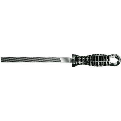 Lime avec poignée ergonomique, adaptée aux travaux sur bois ou métal. Dents de râpe grossières sur un côté, surface lisse sur l'autre.