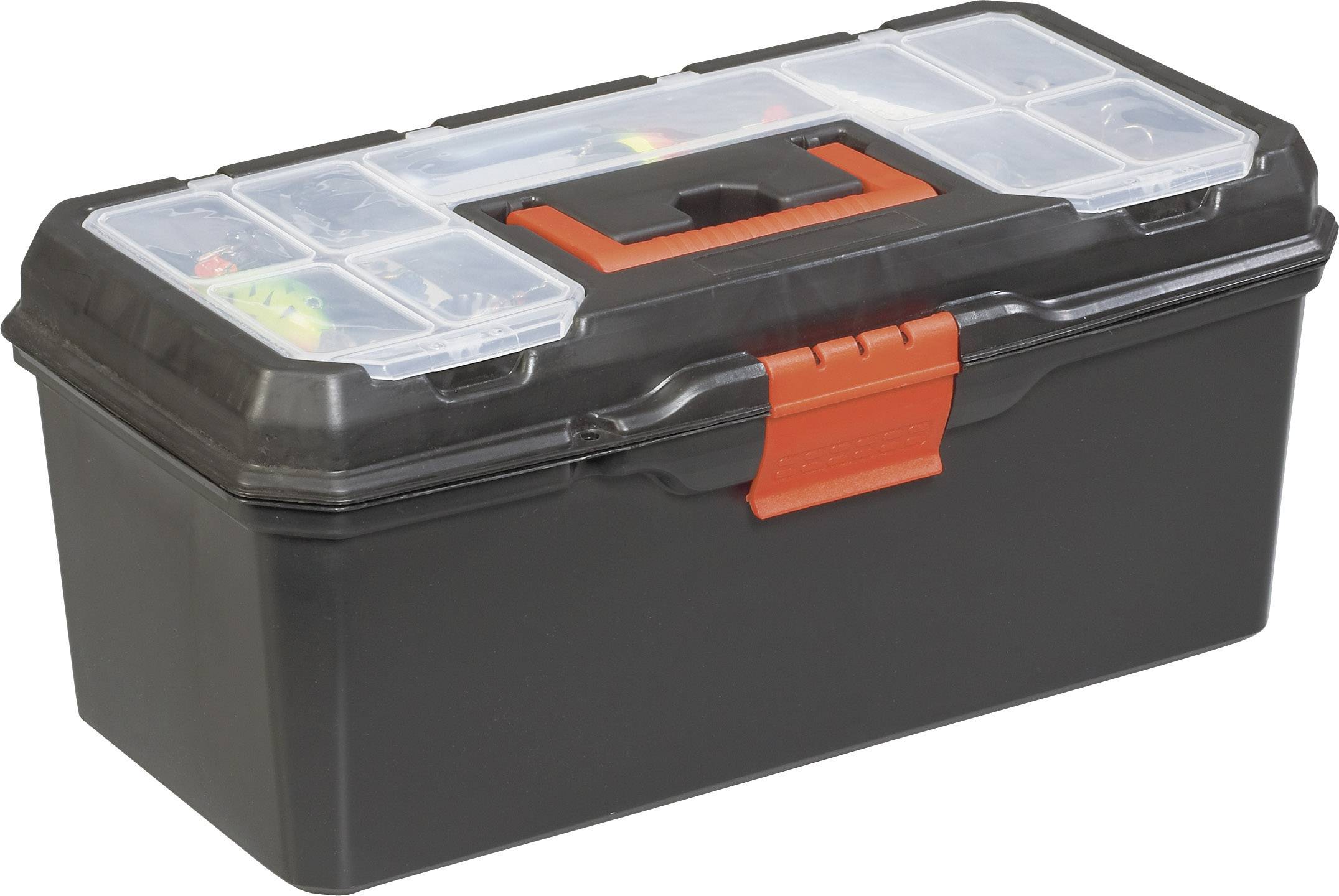 Boîte à outils noire avec couvercle transparent. La poignée rouge et le verrou au centre sont visibles.