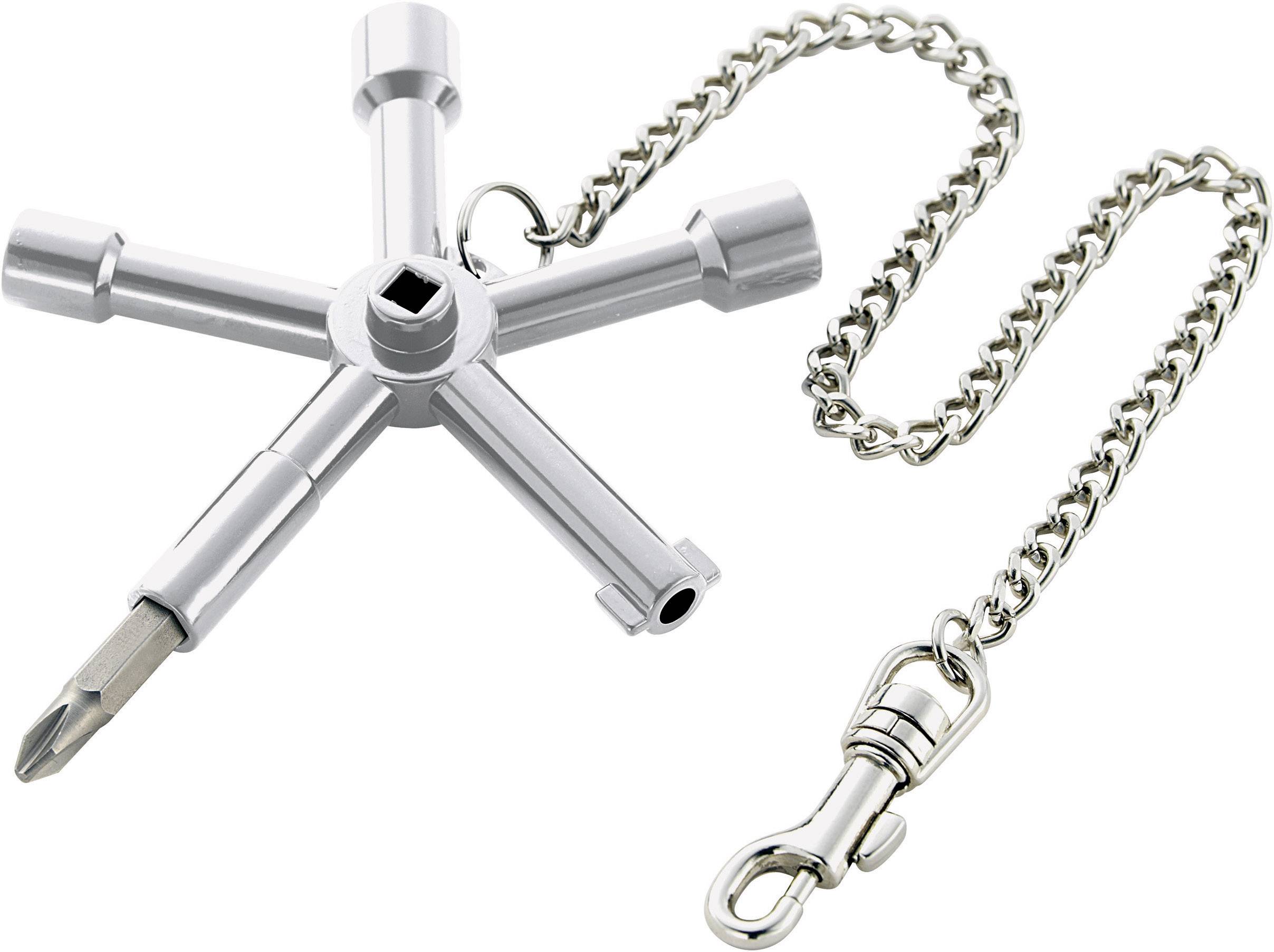 Un outil multifonction en argent en forme de croix, doté de quatre clés différentes et d'un tournevis, attaché à une chaîne.