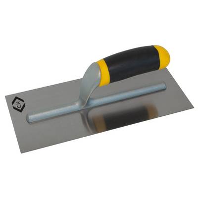 Truelle à lisser avec manche noir et jaune, posée sur une surface. Utilisée pour lisser le plâtre ou le ciment.