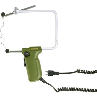 Appareil électrique de coupe de polystyrène avec poignée verte, cadre métallique et fil pour une coupe précise, branché sur secteur.