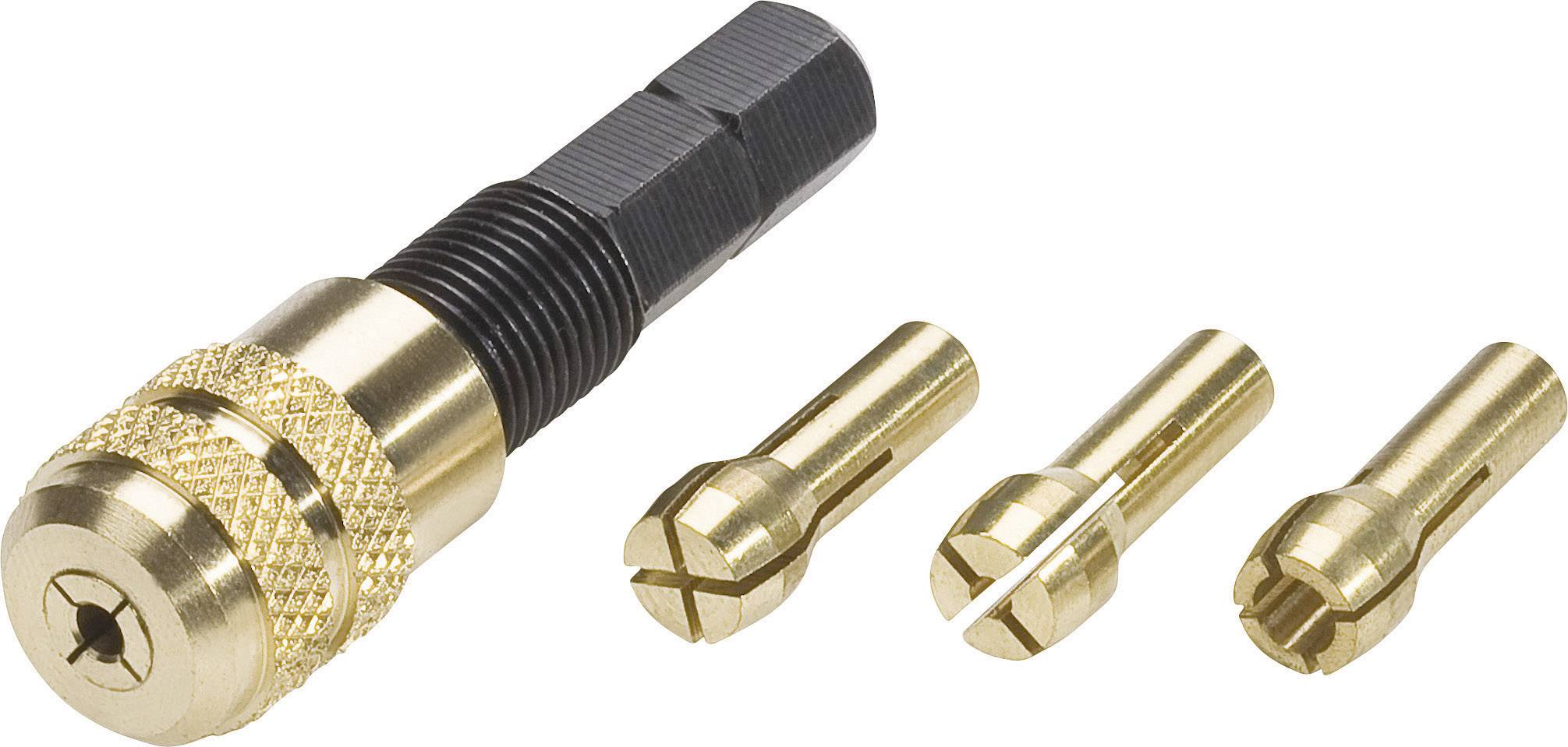 Mandrin de perceuse avec trois pinces de serrage en métal assorties ; adapté pour le maintien précis d'outils de différents diamètres.