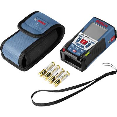 Télémètre laser Bosch GLM 250 VF Professional avec sacoche, quatre piles AA et dragonne.