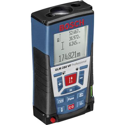 Un télémètre laser Bosch GLM 250 VF affiche des mesures de 52,467 m, 36,972 m, 6,245 m et un total de 174,821 m.