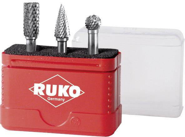 Trois outils de meulage rotatifs avec différentes têtes dans un coffret de rangement rouge portant l'inscription "Ruko Germany".