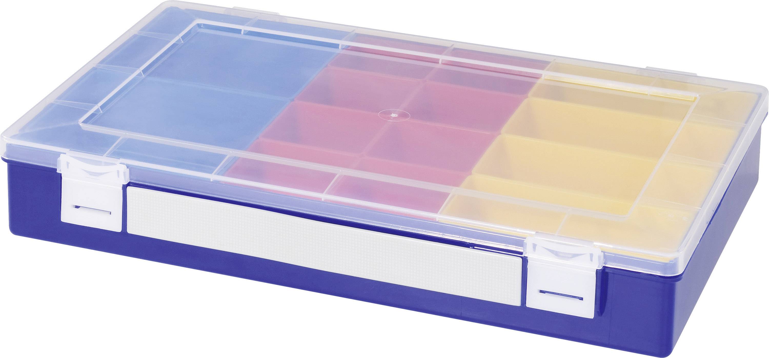 Une boîte de rangement fermée, transparente, avec un fond bleu et des compartiments en rouge, jaune et transparent pour organiser des objets.