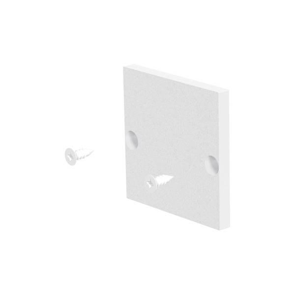 Plaque de couverture blanche avec deux vis. Une vis est fixée, l'autre flotte vers le côté gauche.