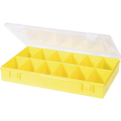 Boîte en plastique jaune avec couvercle transparent, composée de douze compartiments vides de taille identique pour le rangement de petits objets.