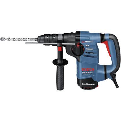 Un perforateur électrique bleu et noir de la marque Bosch, modèle GBH 3-28 DFR, avec un interrupteur rouge et une poignée noire.