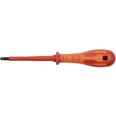 Tournevis rouge à manche isolé et pointe plate, adapté aux travaux électriques.