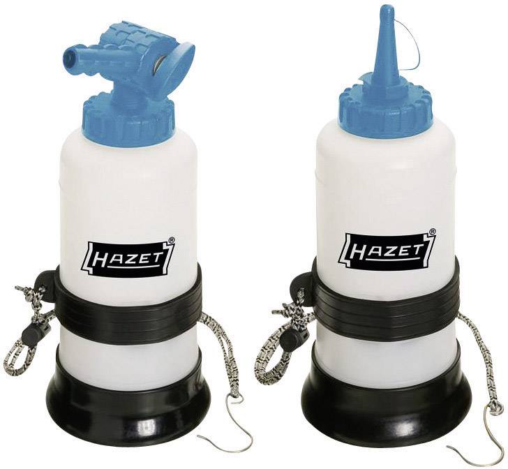 Deux distributeurs d'huile blancs avec couvercle bleu et logo 'Hazet', chacun avec des formes de bec différentes, placés sur un socle noir.
