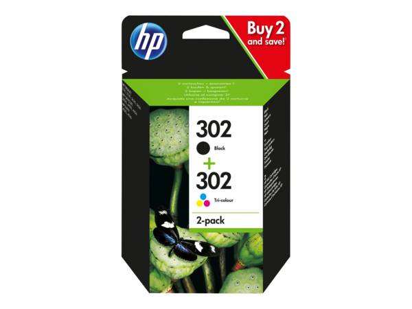 HP Pack de 2 cartouches d'encre noire/3 couleurs authentiques 302, Rendement standard, Noir, Cyan, Magenta, Jaune, Encre
