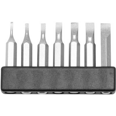 Jeu de sept embouts de tournevis en argent de différentes tailles, disposés sur un support noir.