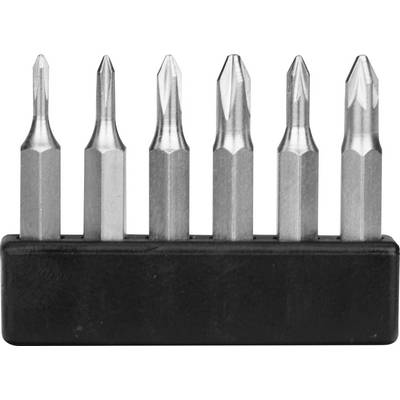 Six différents embouts de tournevis dans un support noir, de gauche à droite : Plat, Cruciforme, Étoile.