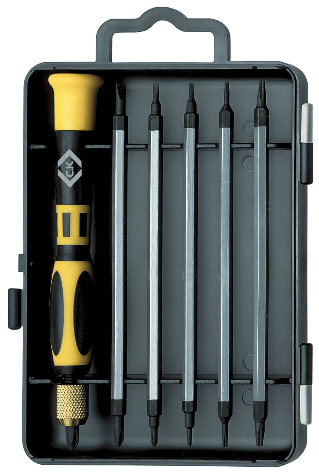 Un ensemble de tournevis de précision dans un boîtier noir ouvert. Comprend une poignée jaune et cinq embouts interchangeables.