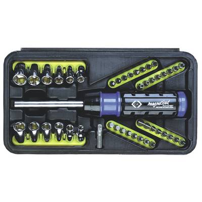 Boîte à outils comprenant des clés à douille, des embouts et un tournevis magnétique. Contient différentes tailles dans un compartiment organisé.