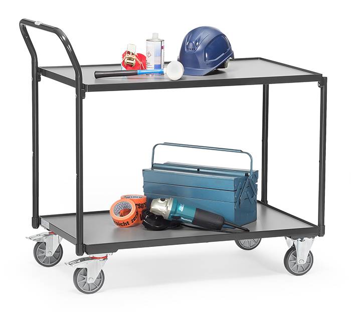 Servante 300 kg, 2 plateaux avec barres de poussée - 1.000 x 600 mm, Gris RAL 7016-1