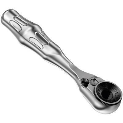 Une clé à cliquet en argent avec une poignée ergonomique et une tête pivotante, idéale pour visser rapidement et efficacement dans des espaces restreints.