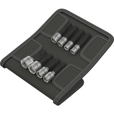 Ensemble de huit écrous hexagonaux dans un sac en tissu noir, offrant différentes tailles de têtes pour le rangement des outils.