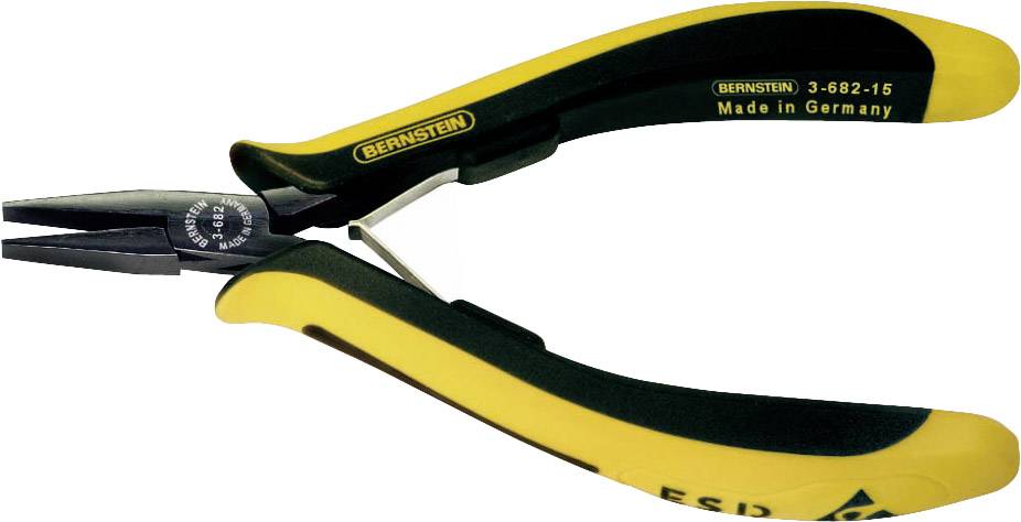 Une pince jaune et noire de la marque Bernstein, modèle 3-682-15, 'Made in Germany', adaptée pour la décharge électrostatique (ESD).