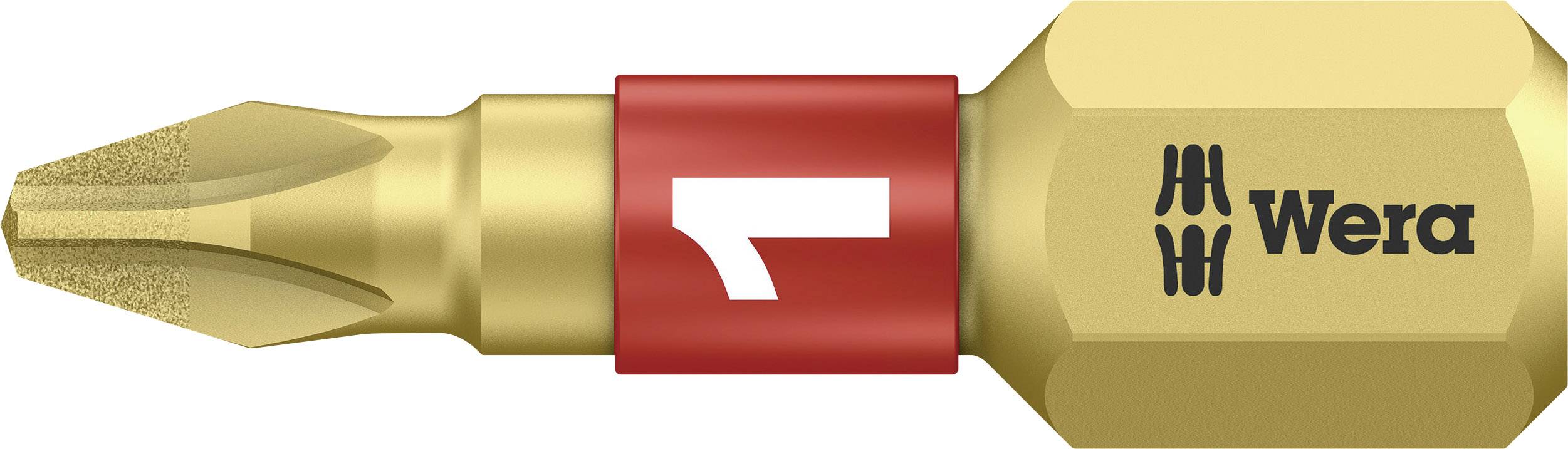 Embout de tournevis cruciforme doré de Wera avec anneau rouge, portant le logo Wera et une indication du sens de rotation.