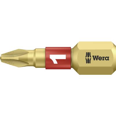 Embout de tournevis cruciforme doré de Wera avec anneau rouge, portant le logo Wera et une indication du sens de rotation.