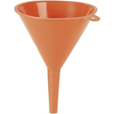 Entonnoir orange en plastique pour verser des liquides dans des ouvertures étroites.