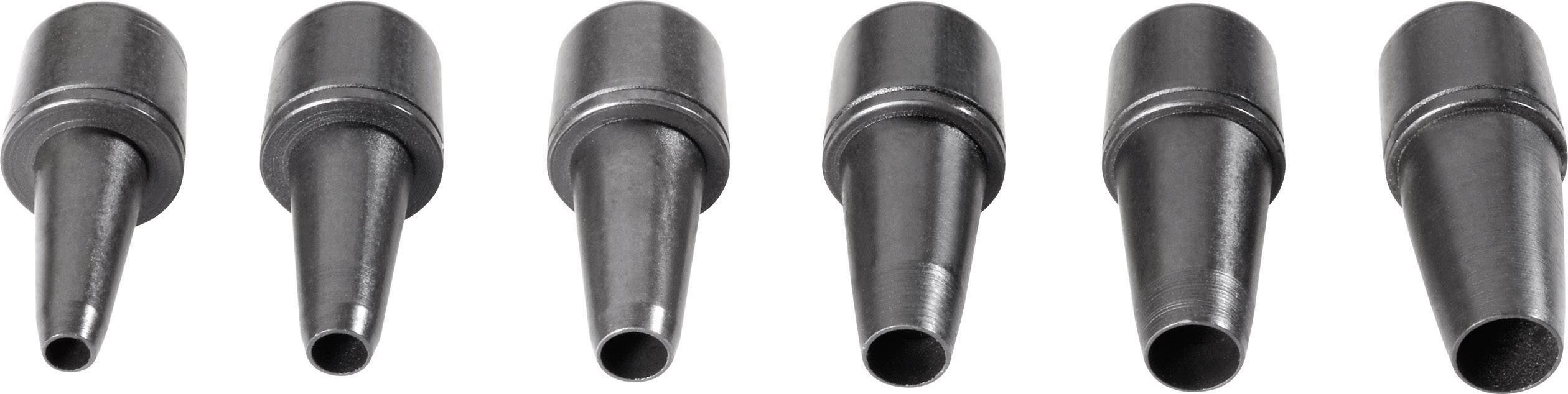 Six buses noires alignées, chacune avec un diamètre différent.