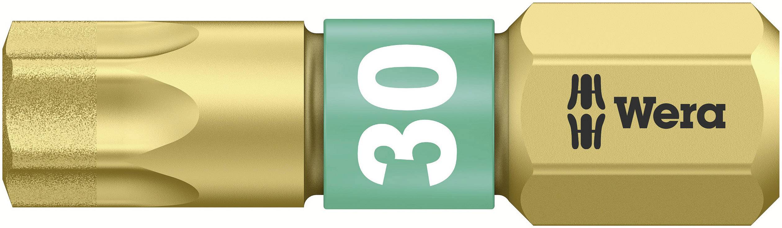 Embout Wera, taille 30, avec partie centrale verte et revêtement doré, portant le logo et utilisé pour visser.