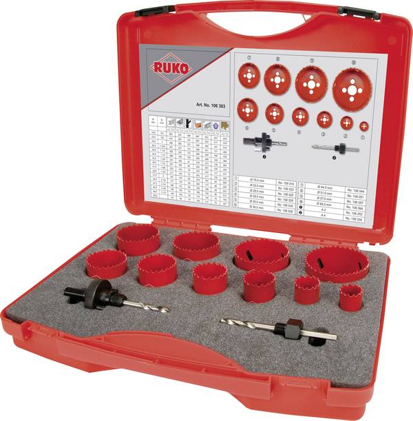 Scies-cloches bimétalliques HSS RUKO 106303 19 mm, 22 mm, 25 mm, 29 mm, 35 mm, 38 mm, 44 mm, 51 mm, 57 mm, 64 mm 12 pièces 1 set