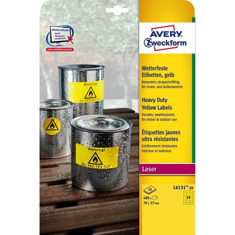 Etiquette plastique Avery-Zweckform L6131-20 70 x 37 mm film de polyester jaune 480 pc(s) fixation permanente