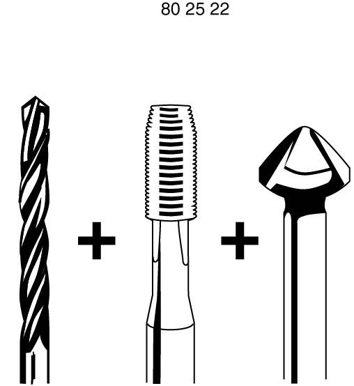 Trois outils côte à côte : un foret hélicoïdal, un taraud et un fraise conique. En haut est inscrit '80 25 22'.