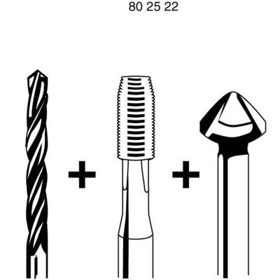 Trois outils côte à côte : un foret hélicoïdal, un taraud et un fraise conique. En haut est inscrit '80 25 22'.