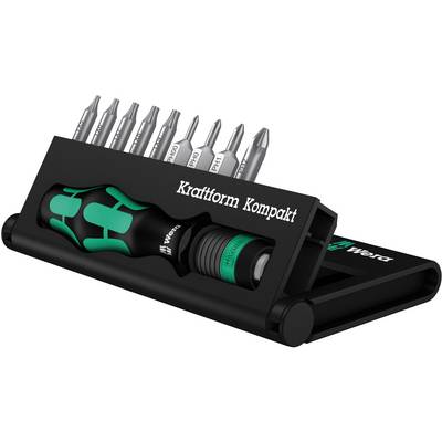 Un ensemble d'embouts de tournevis dans un étui portable, avec une poignée ergonomique et l'inscription 'Kraftform Kompakt'.