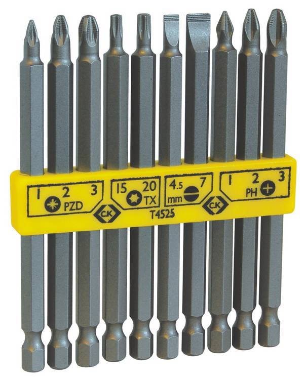 C.K  T4525 Jeu d'embouts 10 pièces vis à fente, cruciforme Phillips, vis Pozidriv, 6 pans intérieurs (TX)