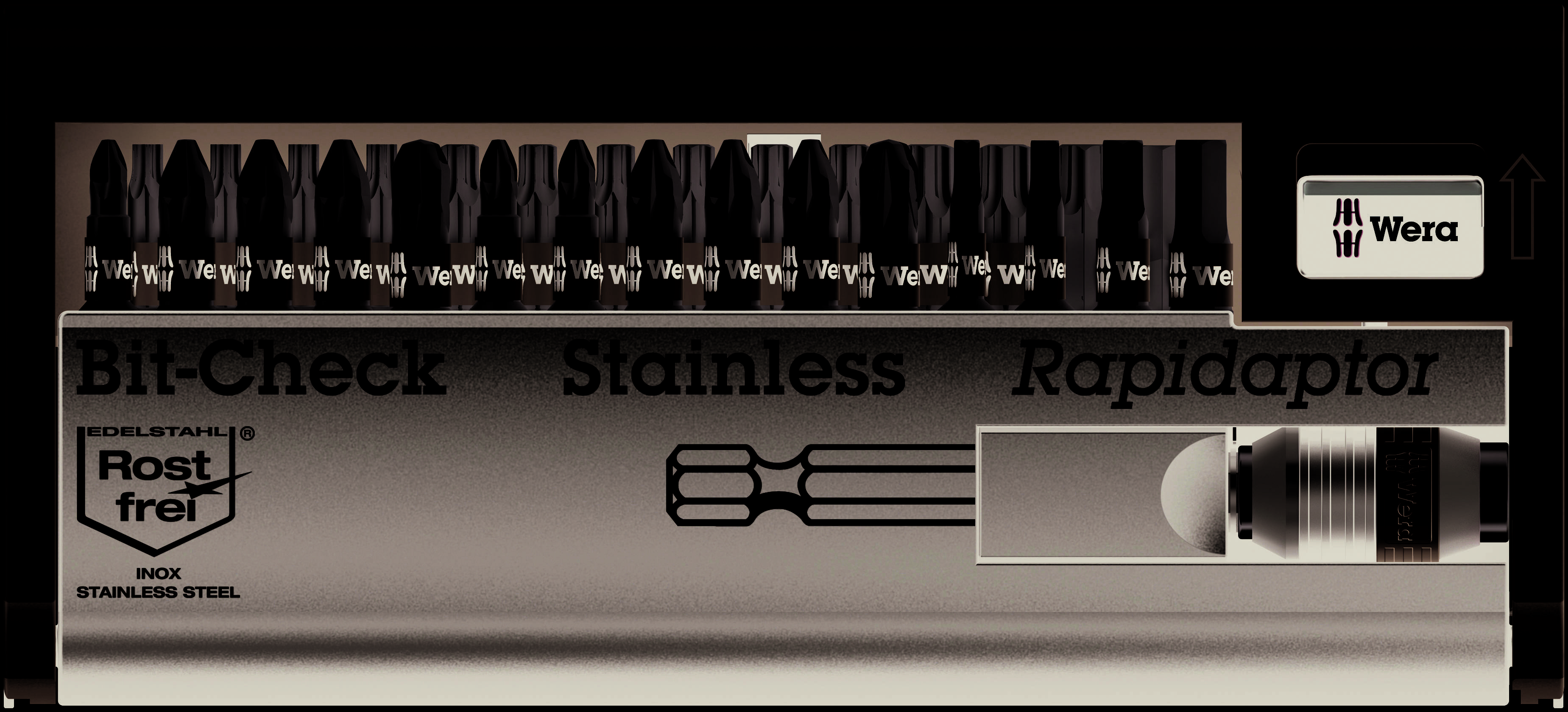 L'illustration montre une boîte de bits Wera avec 15 embouts en acier inoxydable et un Rapidaptor. Inscription : 'Bit-Check', 'Stainless', 'Rapidaptor'.
