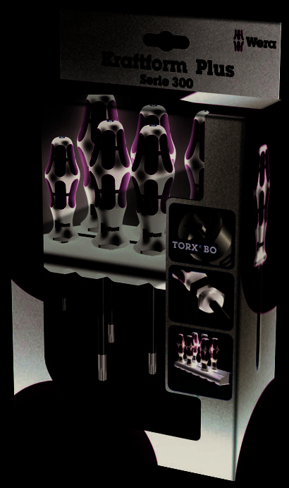 Ensemble de tournevis Wera Kraftform Plus, série 300, en vert et noir. Comprend un support, embout Torx BO et fonction d'arrêt.