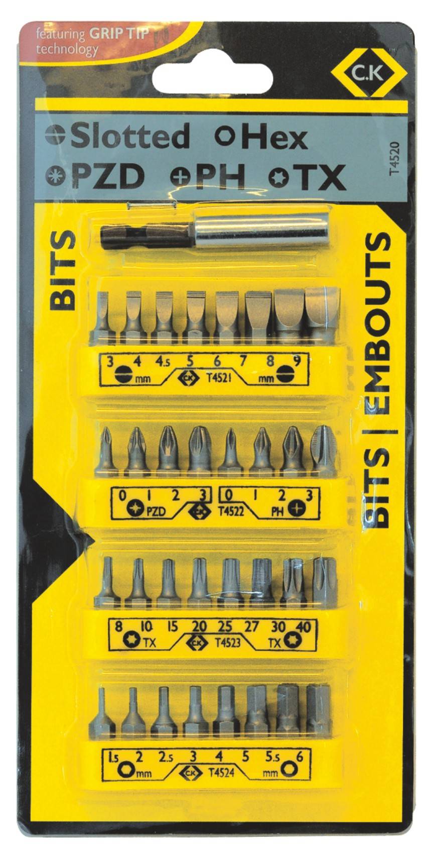 C.K T4520 Jeu d'embouts 33 pièces vis Pozidriv, vis à fente, cruciforme Phillips, 6 pans intérieurs (TX), 6 pans intérie